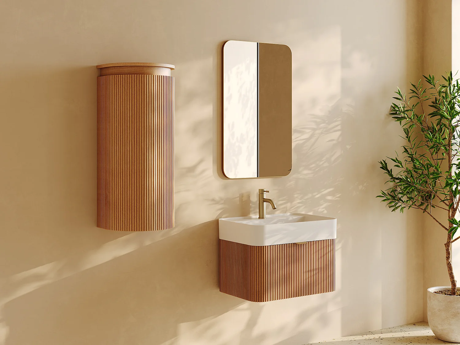 Meuble de salle de bain suspendu strié en bois de frêne avec vasque à encastrer et colonne - Naturel clair - 60 cm - BULMAS