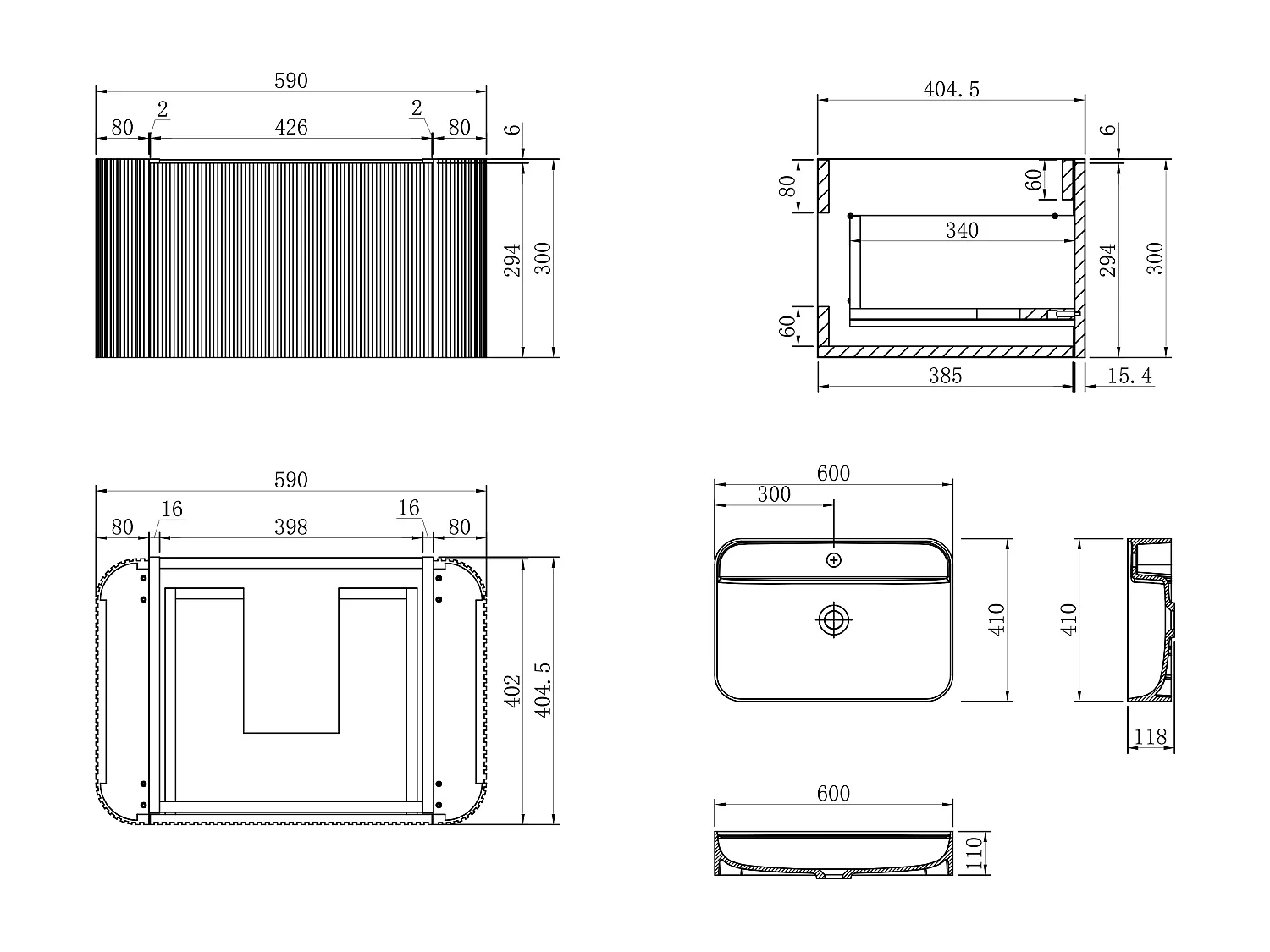 Meuble de salle de bain suspendu strié en bois de frêne avec vasque à encastrer et colonne - Naturel clair - 60 cm - BULMAS