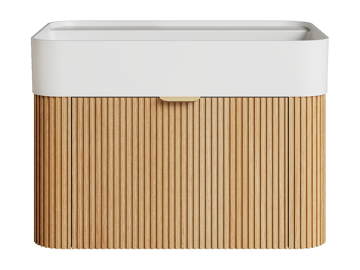 Meuble de salle de bain suspendu strié en bois de frêne avec vasque à encastrer et colonne - Naturel clair - 60 cm - BULMAS