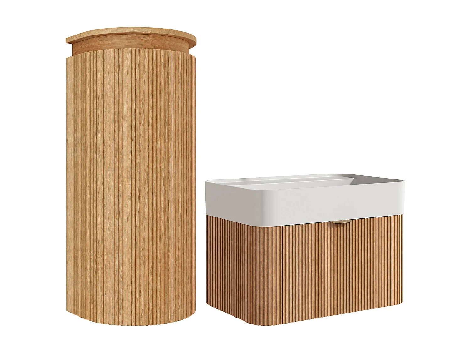 Meuble de salle de bain suspendu strié en bois de frêne avec vasque à encastrer et colonne - Naturel clair - 60 cm - BULMAS