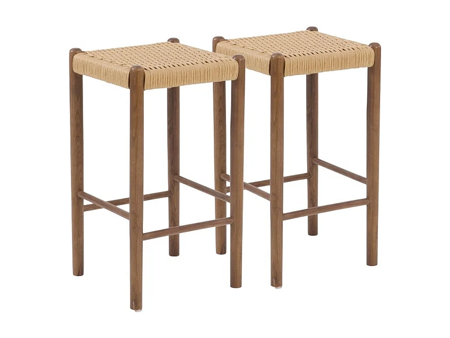 Lot de 2 tabourets en bois de frêne couleur noyer avec assise tressée