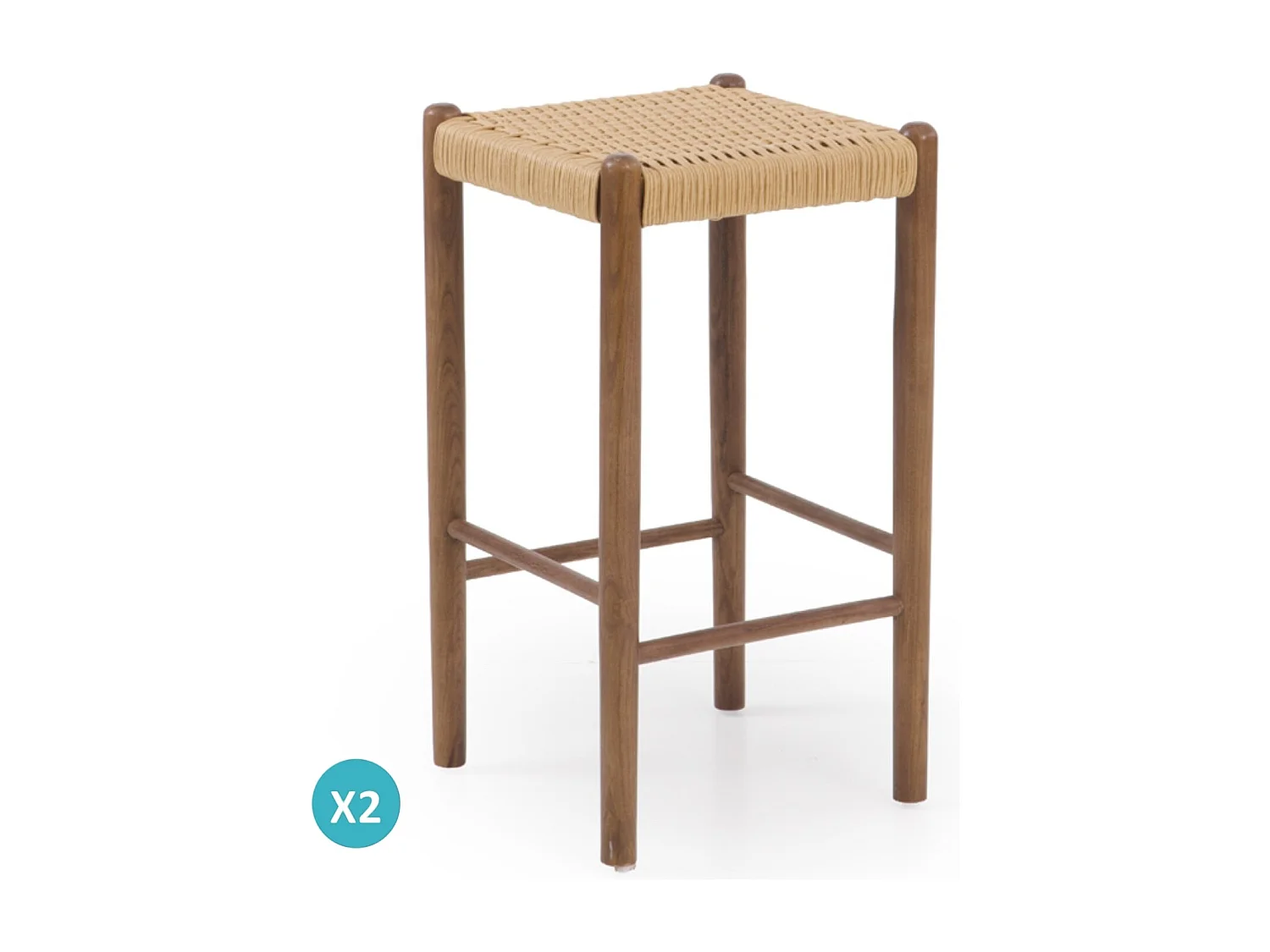 Lot de 2 tabourets en bois de frêne couleur noyer avec assise tressée