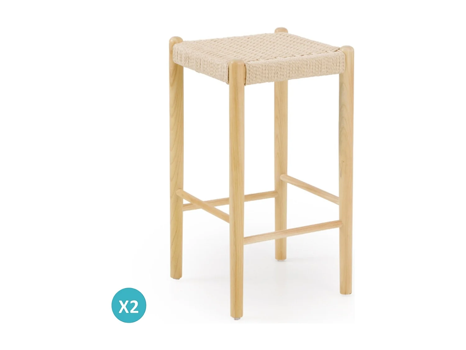 Lot de 2 tabourets en bois de frêne naturel avec assise tressée