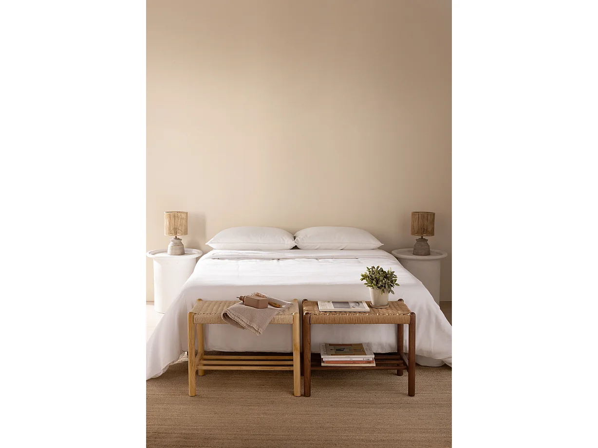 Banquette en bois de frêne couleur noyer avec assise tressée