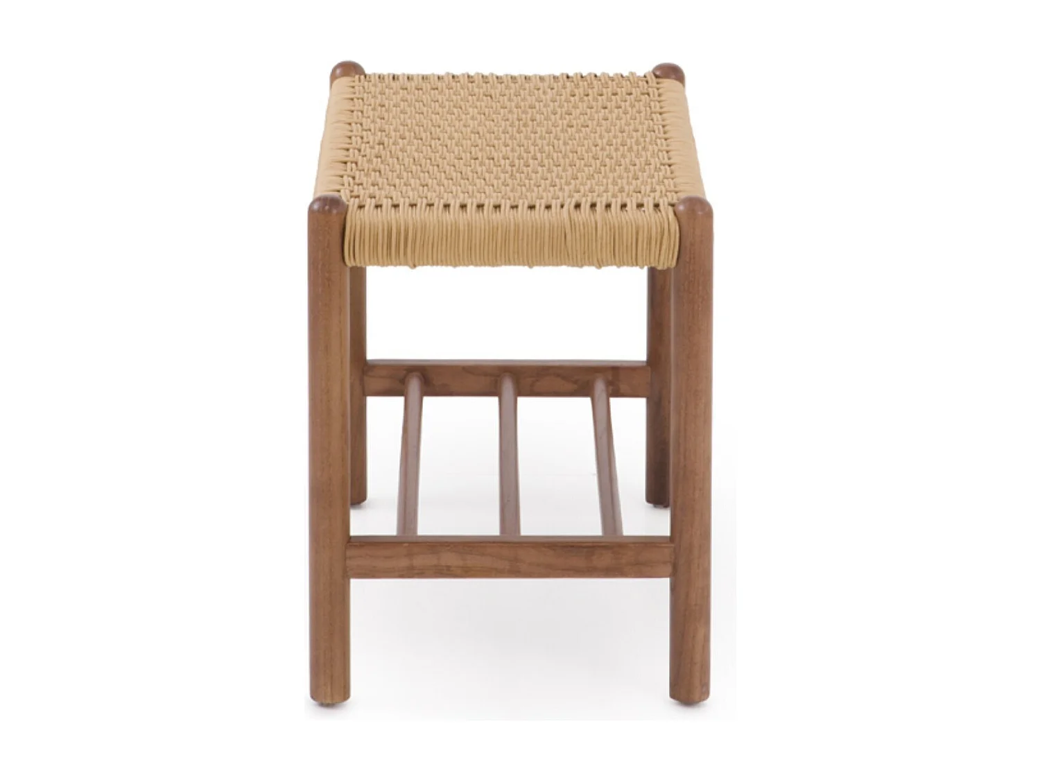 Hocker aus Eschenholz in Nussbaumfarbe mit geflochtener Sitzfläche