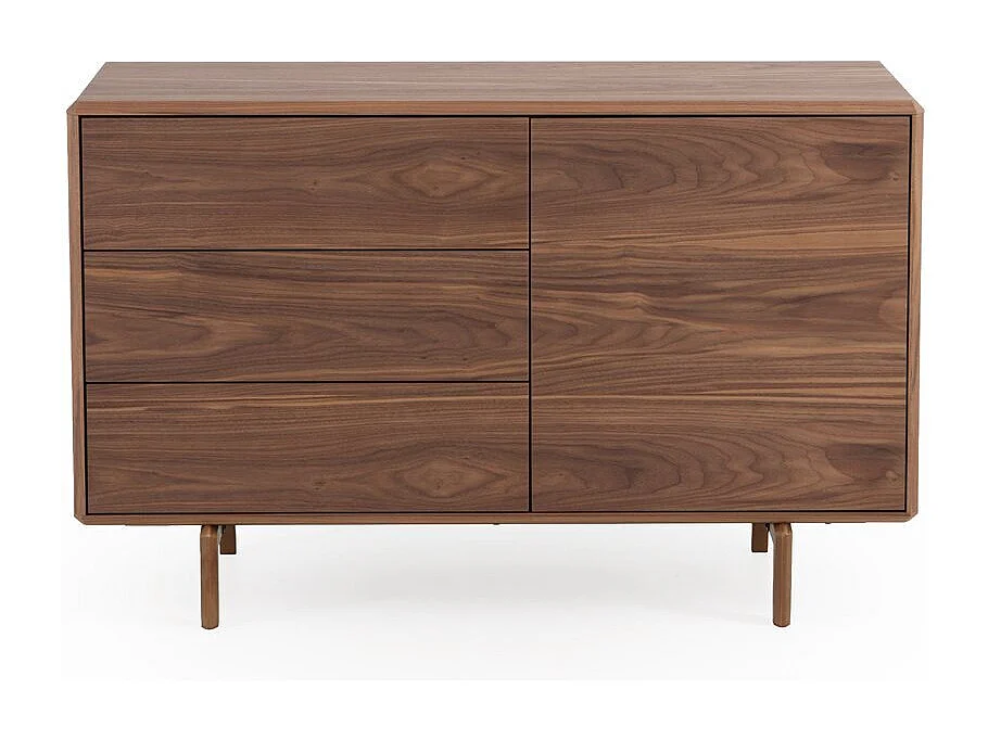 Buffet 1 porte et 3 tiroirs plaqué noyer avec pieds en bois