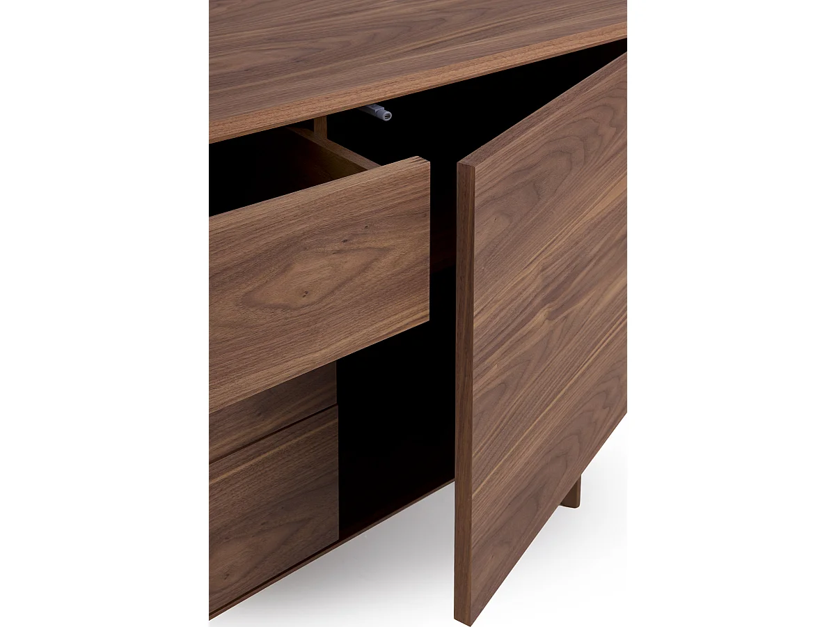 Buffet 1 porte et 3 tiroirs plaqué noyer avec pieds en bois