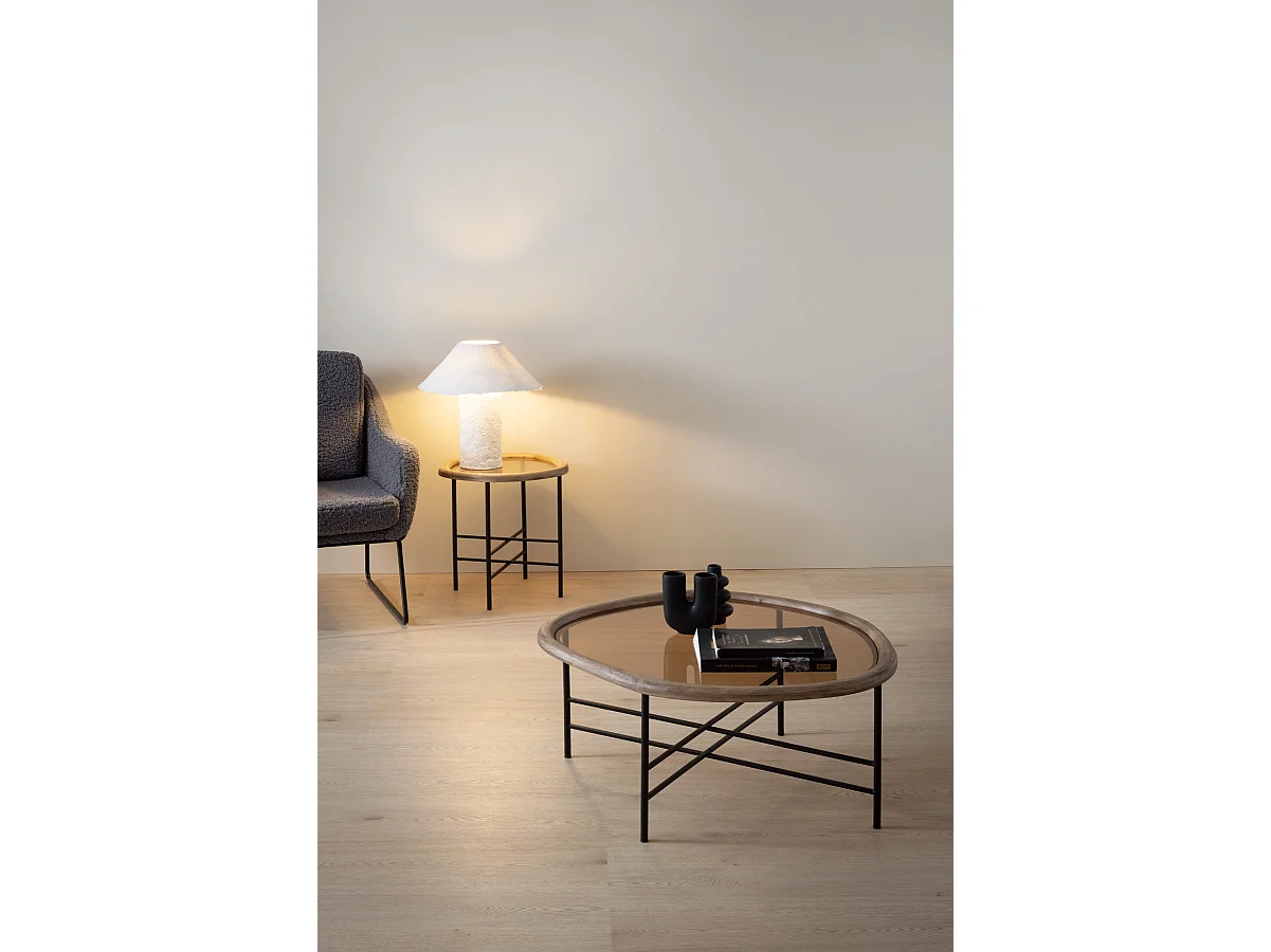 Couchtisch aus Metall und Glas mit Rahmen aus Kautschukholz