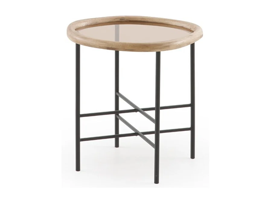 Couchtisch aus Metall und Glas mit Rahmen aus Kautschukholz
