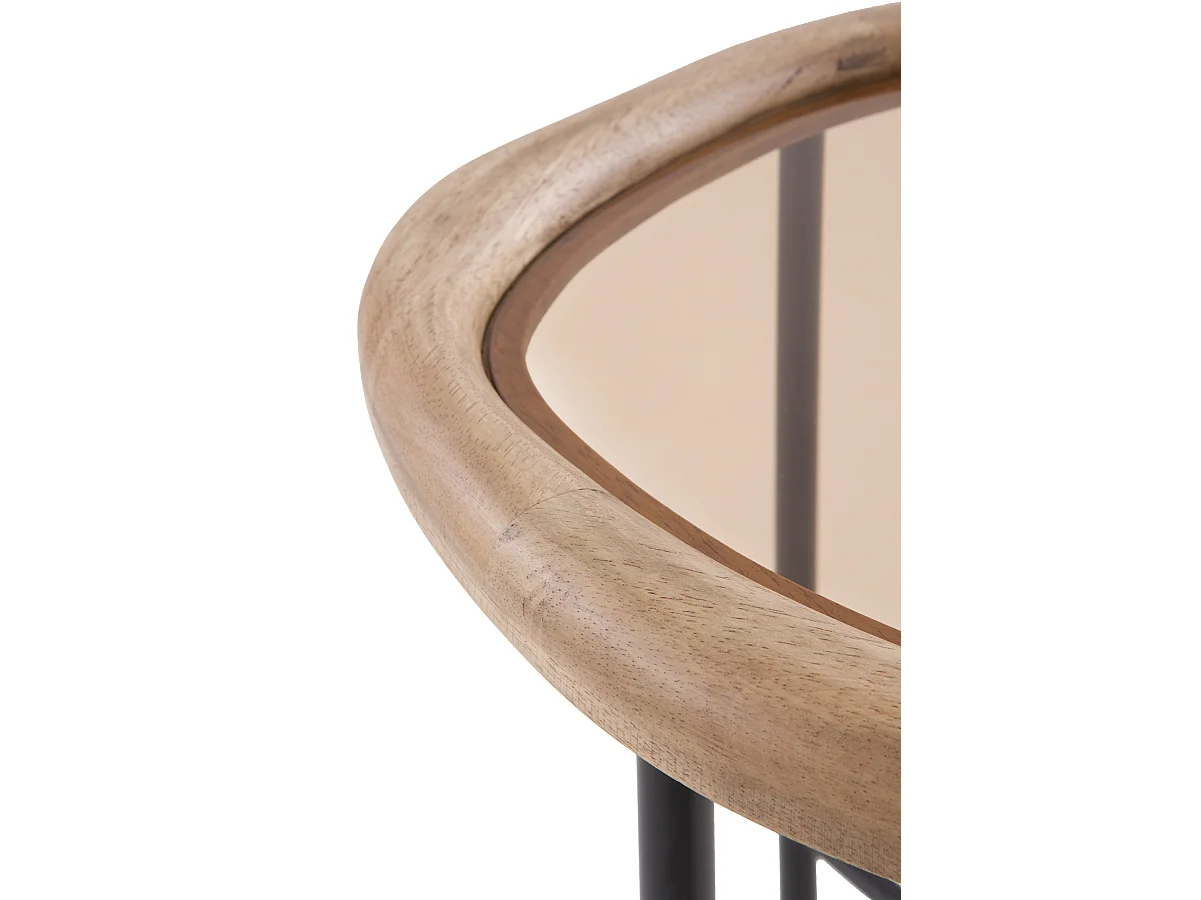 Couchtisch aus Metall und Glas mit Rahmen aus Kautschukholz