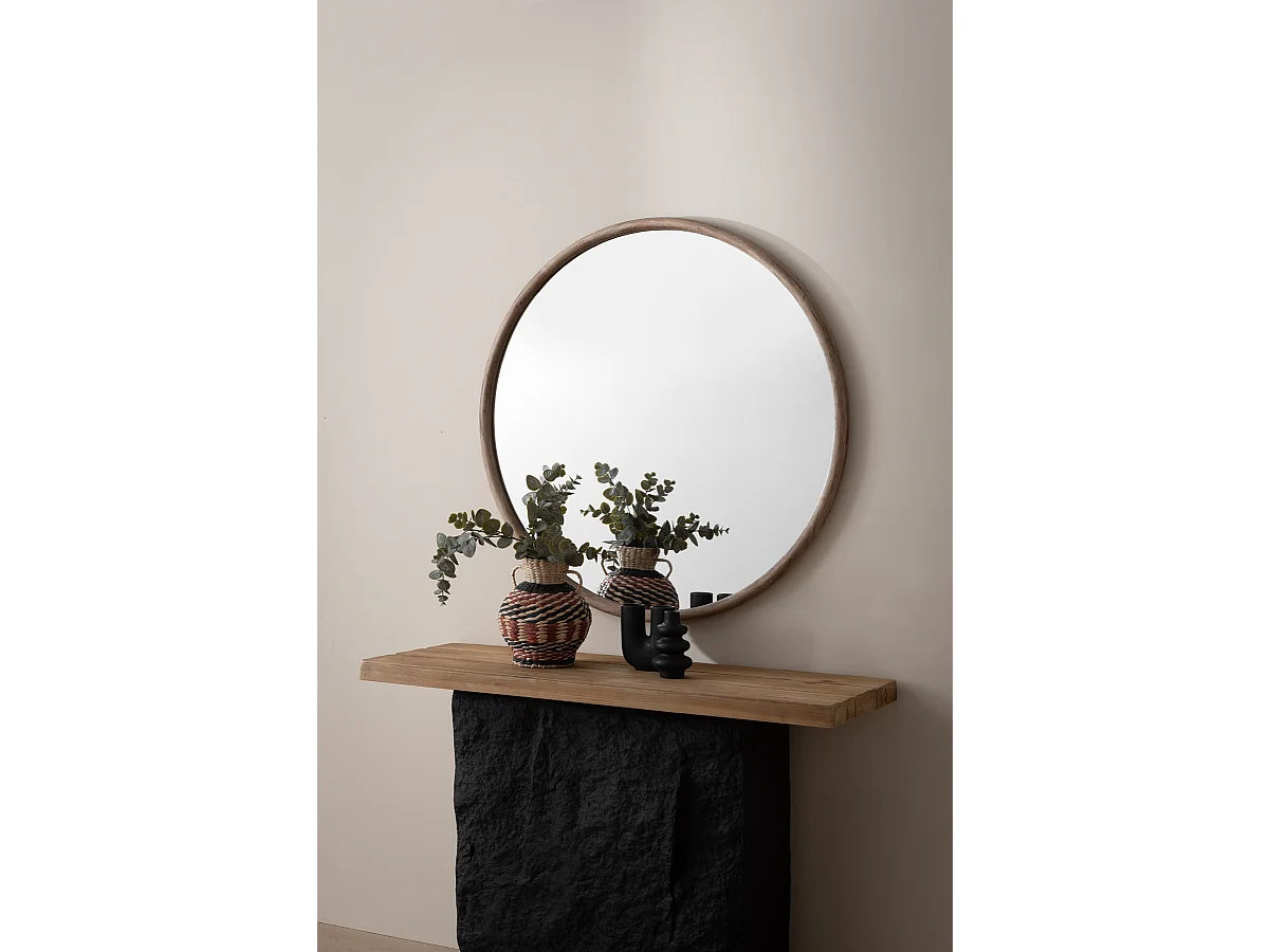 Miroir rond de 80 cm de diamètre avec cadre en bois d'hévéa