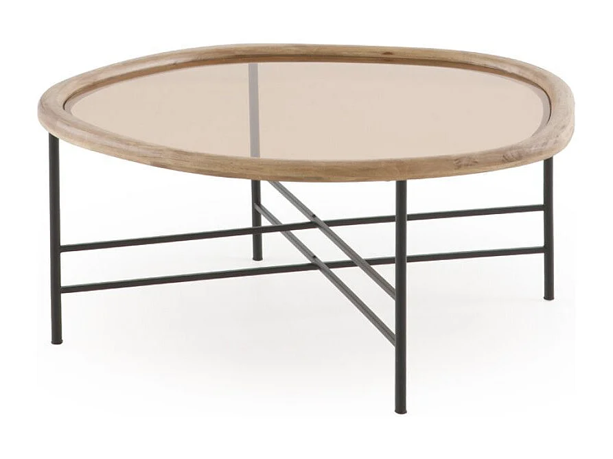 Couchtisch aus Metall und Glas mit Rahmen aus Kautschukholz
