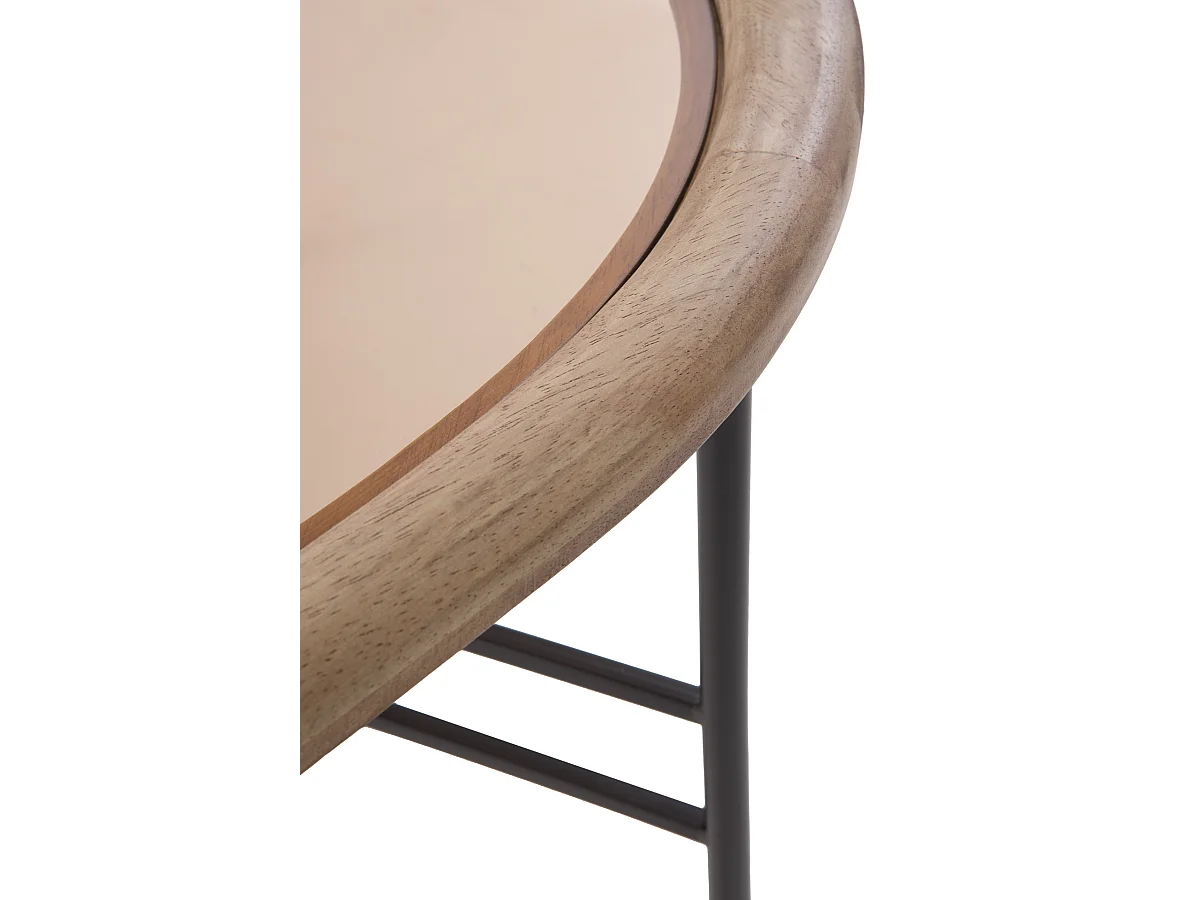 Couchtisch aus Metall und Glas mit Rahmen aus Kautschukholz