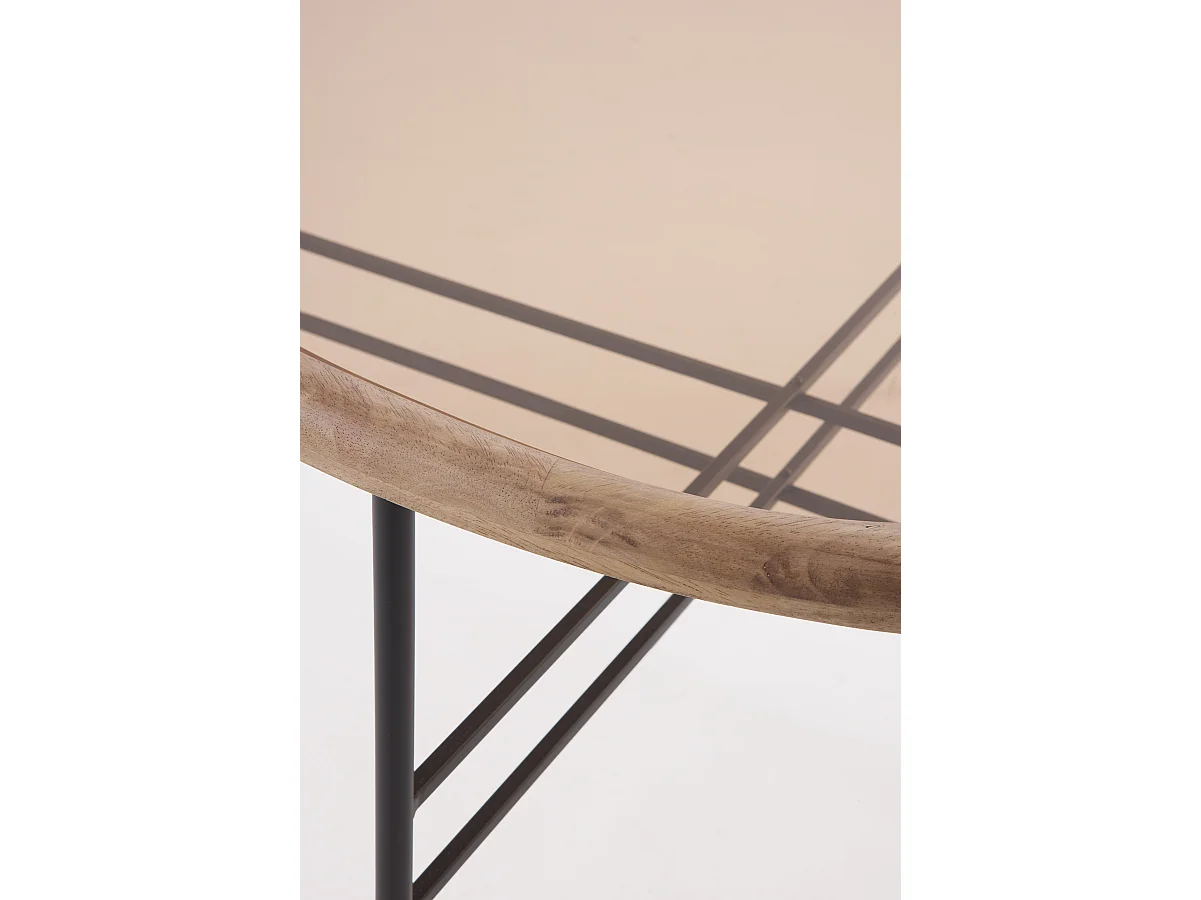 Couchtisch aus Metall und Glas mit Rahmen aus Kautschukholz