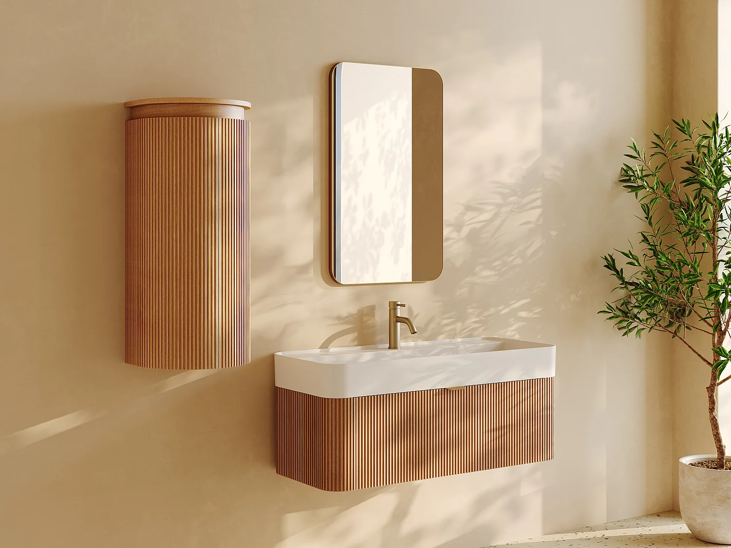 Meuble de salle de bain suspendu strié en bois de frêne avec vasque à encastrer et colonne - Naturel clair - 100 cm - BULMAS