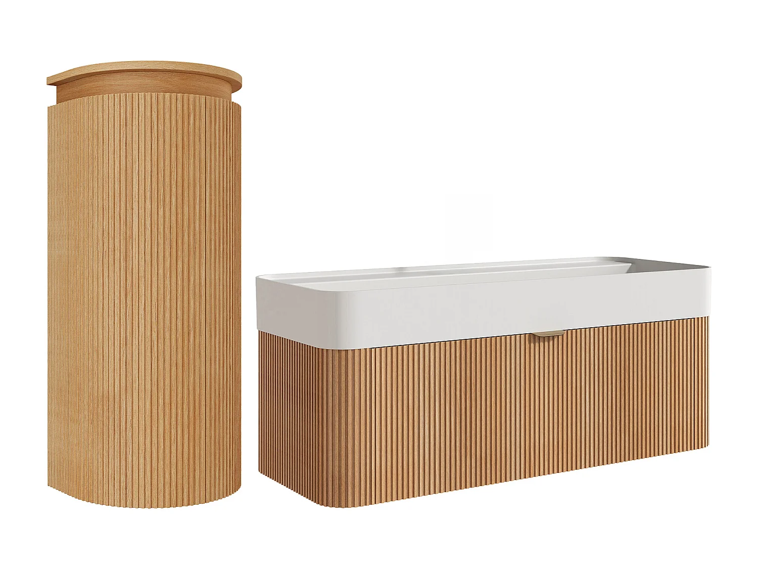 Meuble de salle de bain suspendu strié en bois de frêne avec vasque à encastrer et colonne - Naturel clair - 100 cm - BULMAS