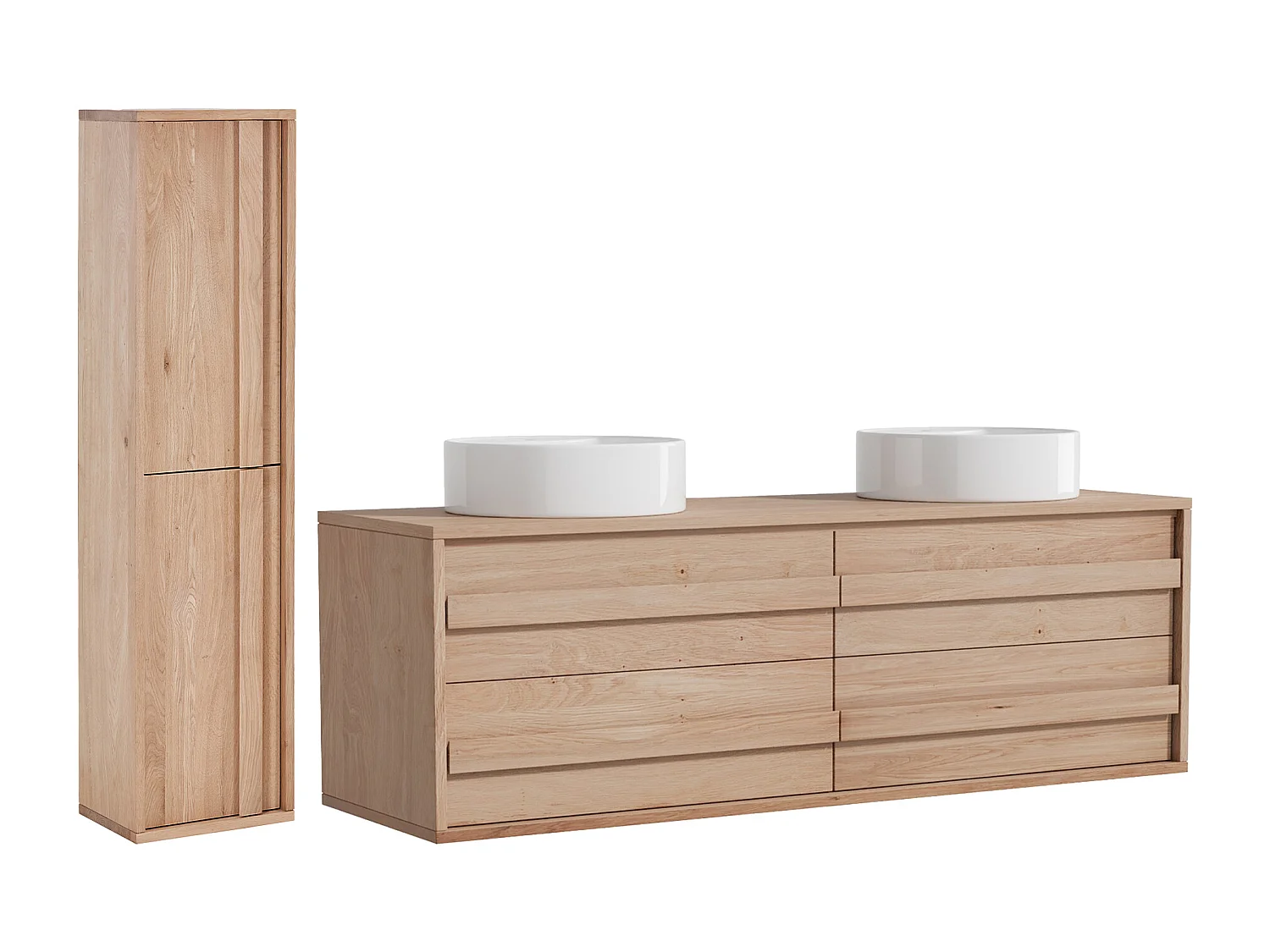 Meuble de salle de bain suspendu en chêne massif avec double vasque à poser ronde et colonne - Naturel clair - 150 cm - SARLO