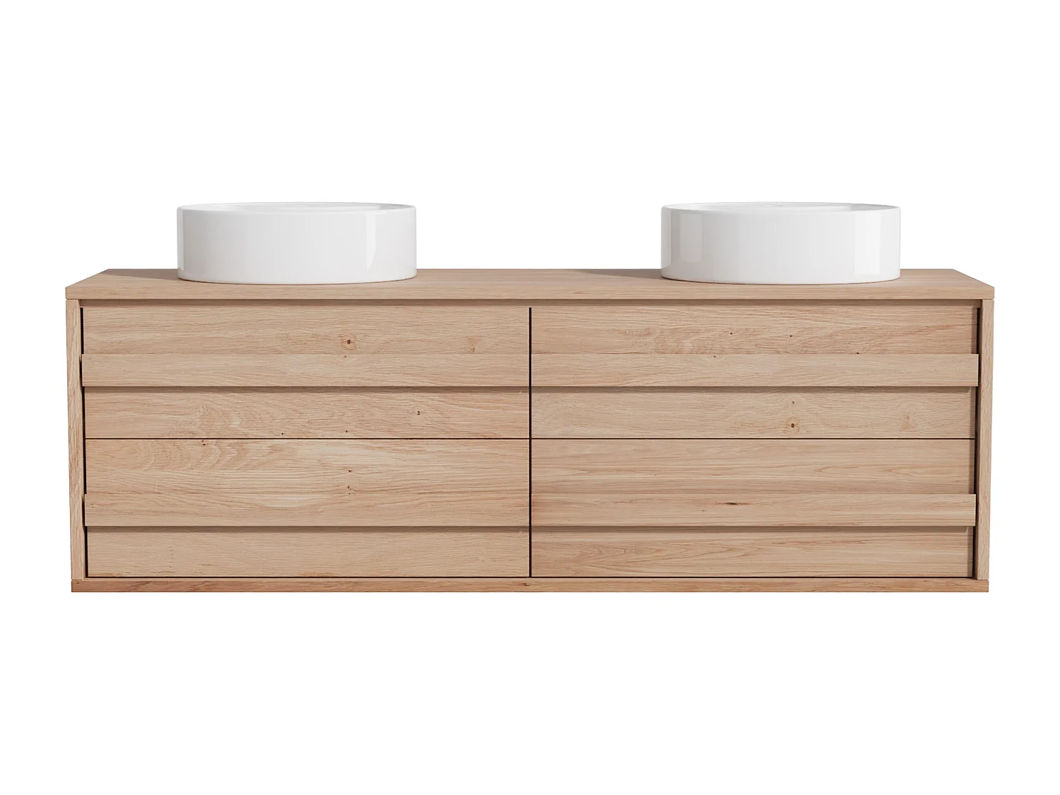 Meuble de salle de bain suspendu en chêne massif avec double vasque à poser ronde et colonne - Naturel clair - 150 cm - SARLO