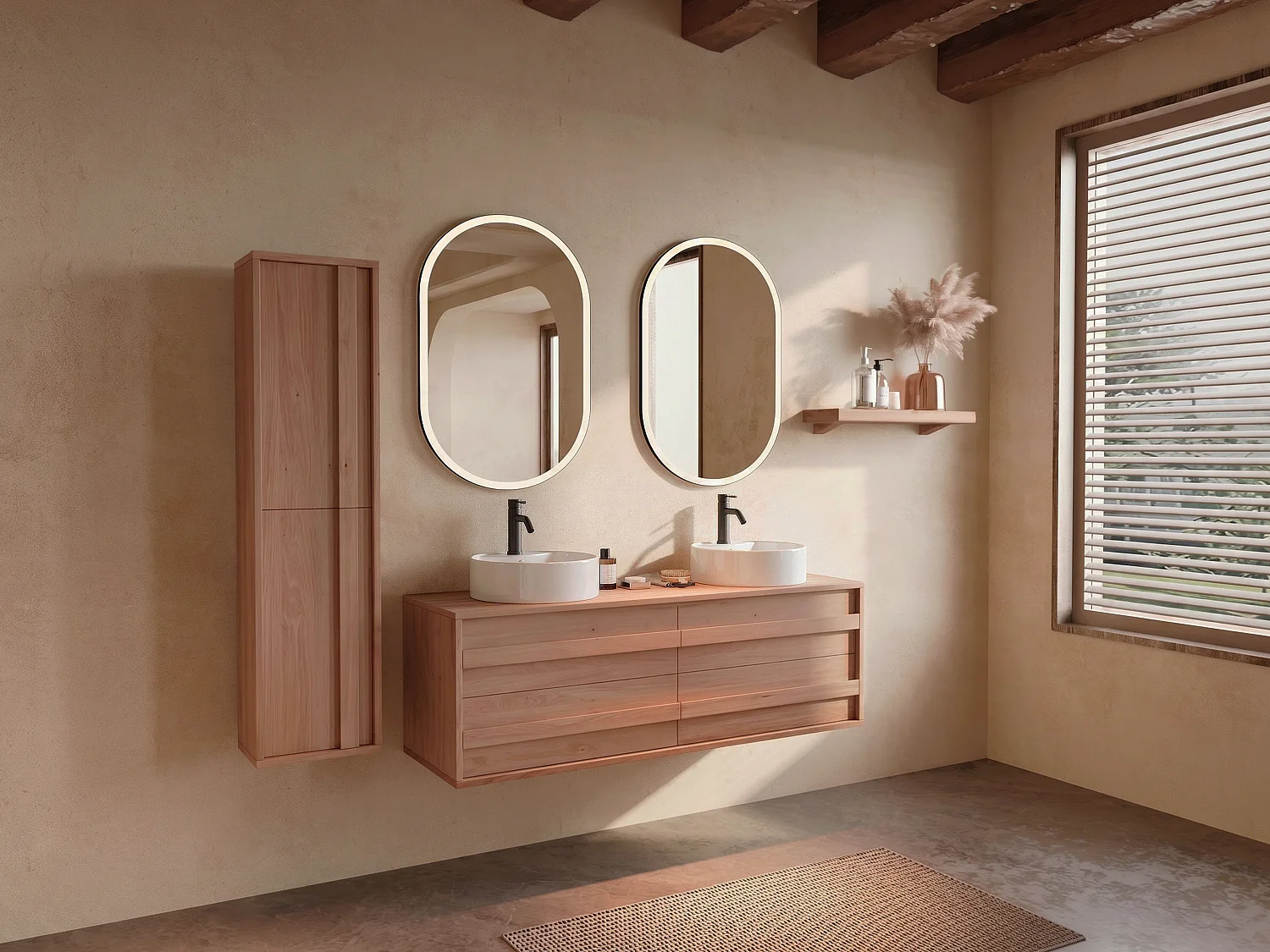 Meuble de salle de bain suspendu en chêne massif avec double vasque à poser ronde et colonne - Naturel clair - 150 cm - SARLO