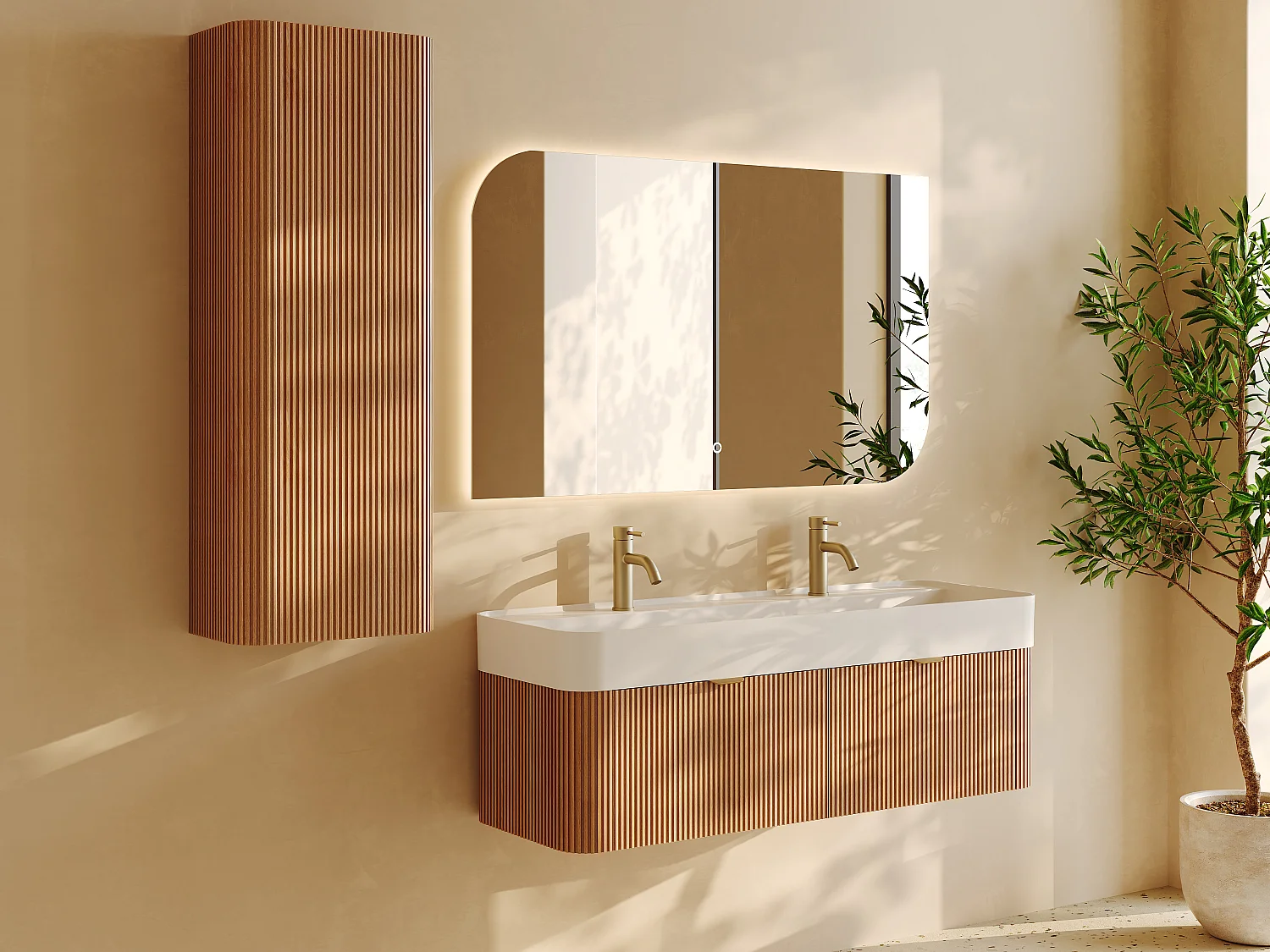 Meuble de salle de bain suspendu strié en bois de frêne avec double vasque à encastrer et colonne - Naturel clair - 120 cm - BULMAS