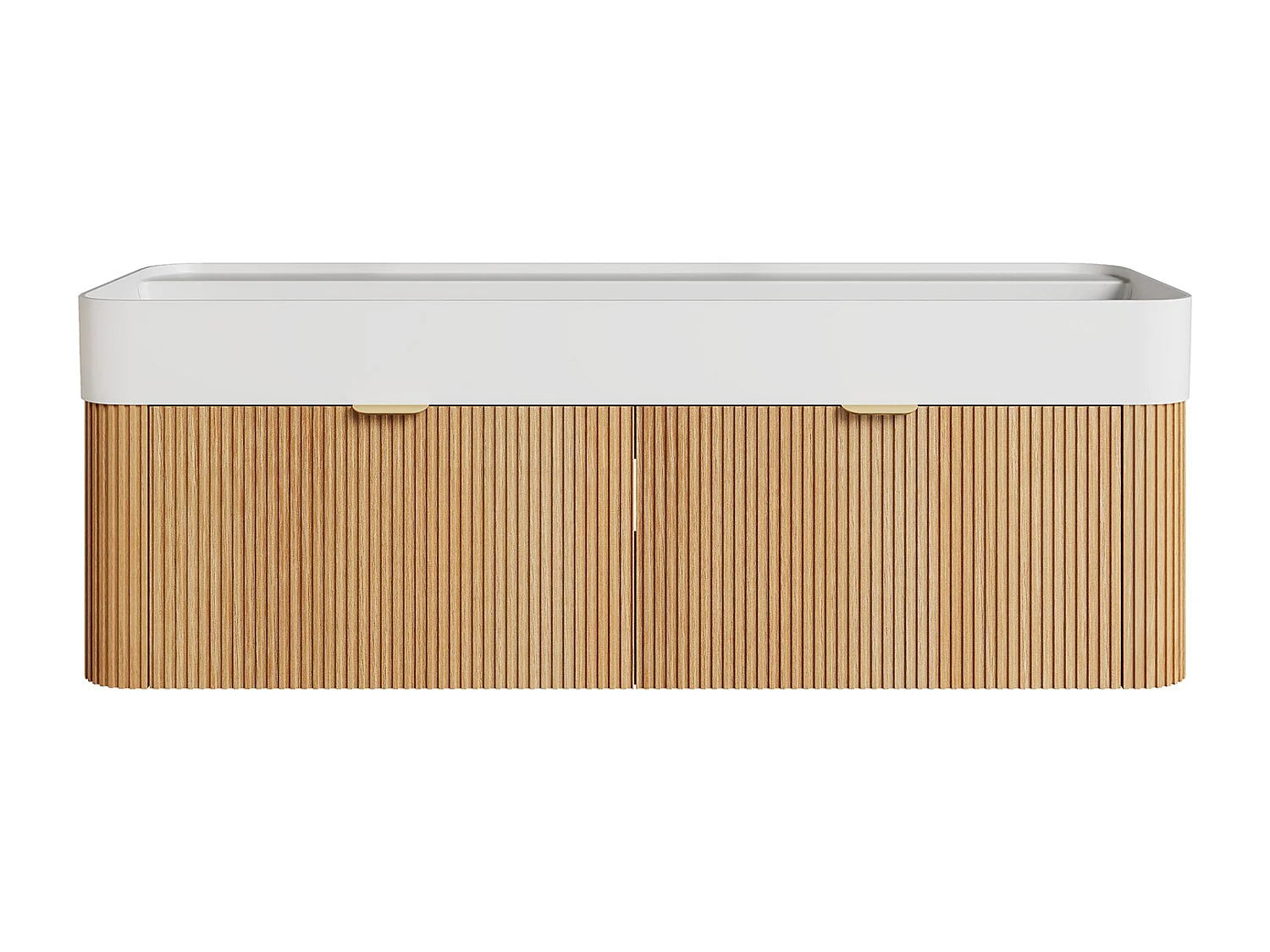 Meuble de salle de bain suspendu strié en bois de frêne avec double vasque à encastrer et colonne - Naturel clair - 120 cm - BULMAS