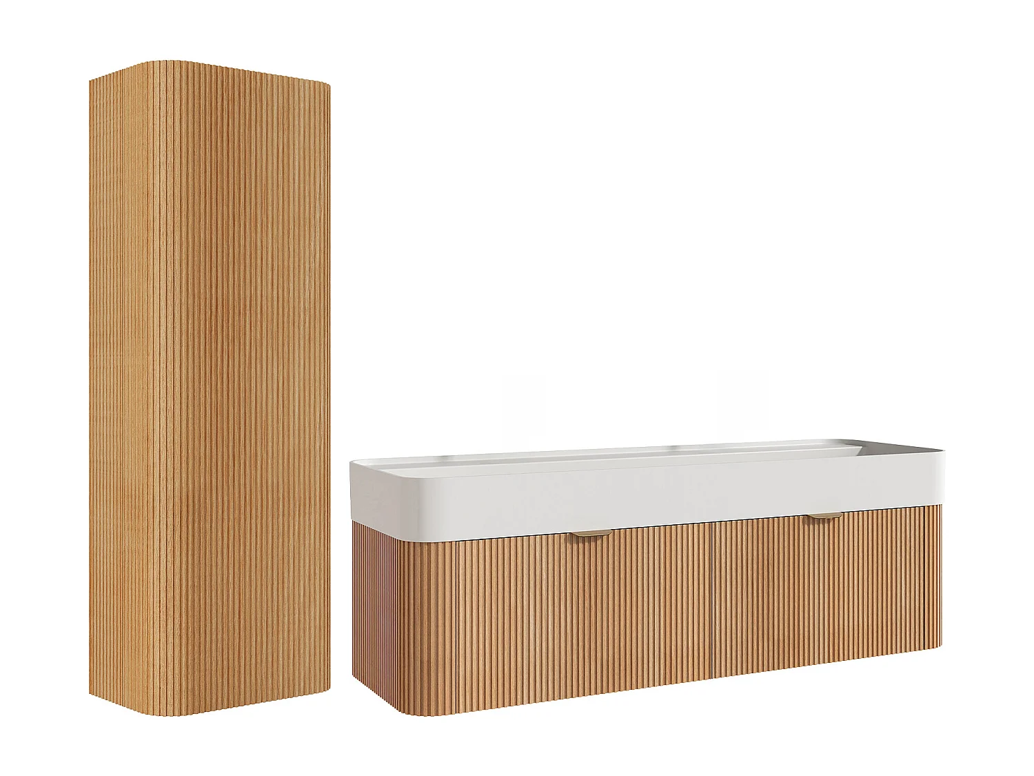 Meuble de salle de bain suspendu strié en bois de frêne avec double vasque à encastrer et colonne - Naturel clair - 120 cm - BULMAS