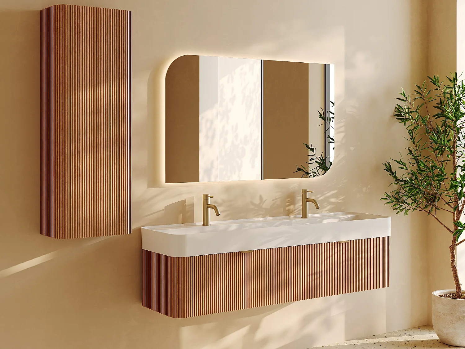 Meuble de salle de bain suspendu strié en bois de frêne avec double vasque à encastrer et colonne - Naturel clair - 150 cm - BULMAS