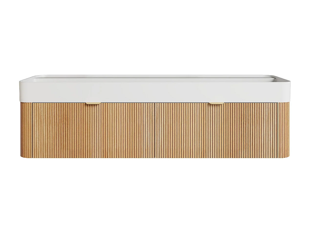 Meuble de salle de bain suspendu strié en bois de frêne avec double vasque à encastrer et colonne - Naturel clair - 150 cm - BULMAS