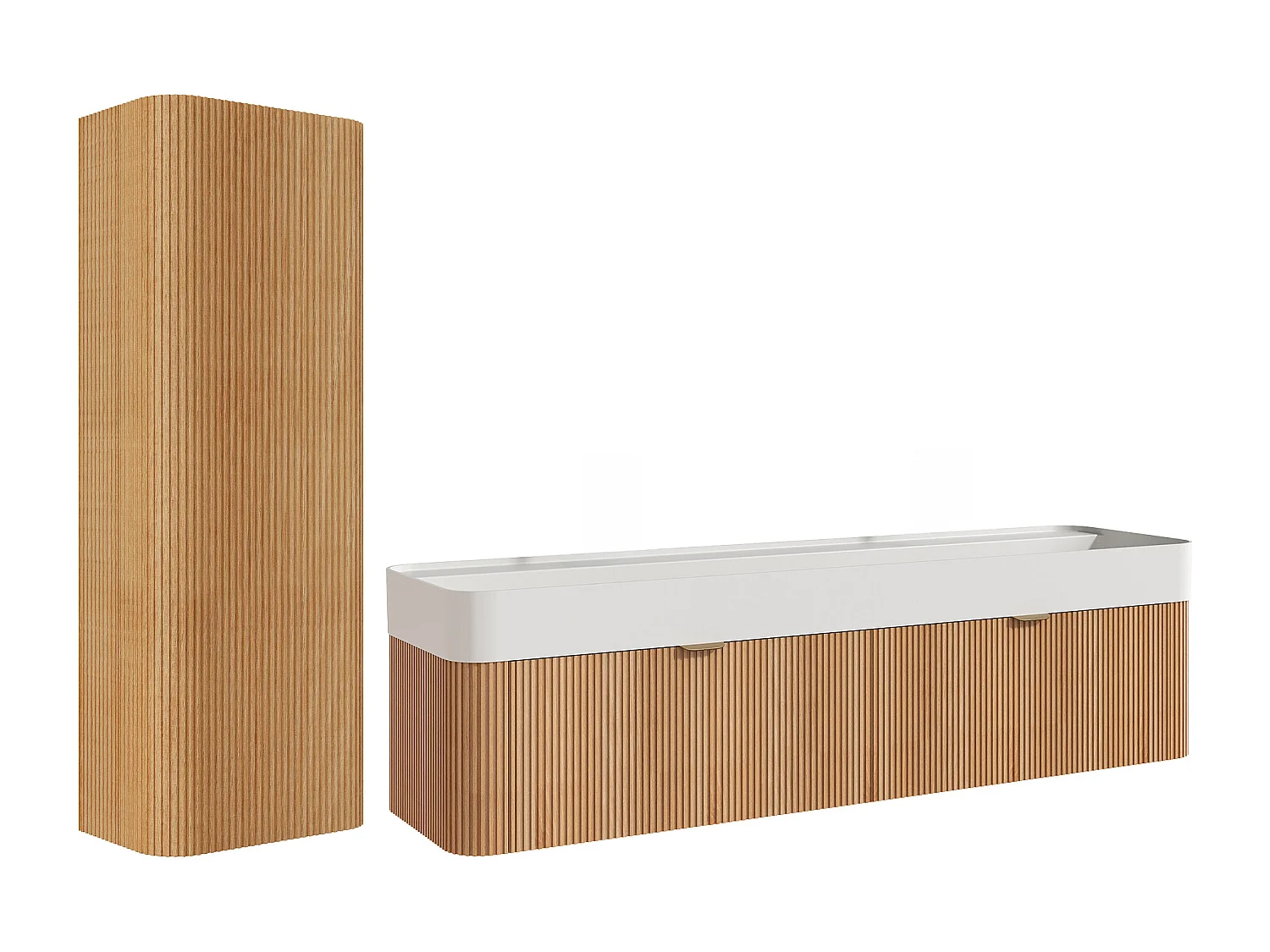 Meuble de salle de bain suspendu strié en bois de frêne avec double vasque à encastrer et colonne - Naturel clair - 150 cm - BULMAS