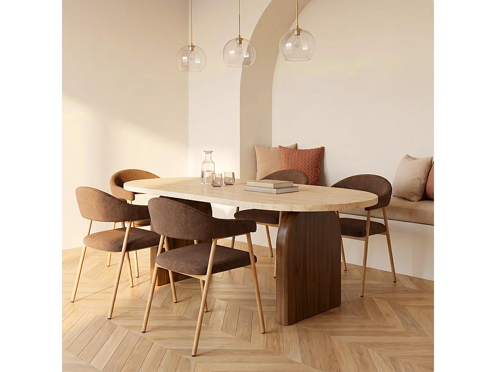 Leon - Lot de 2 fauteuils de table en tissu piètement effet bois clair - Marron