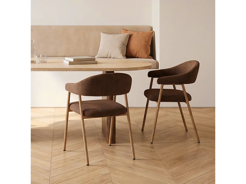 Leon - Lot de 2 fauteuils de table en tissu piètement effet bois clair - Marron