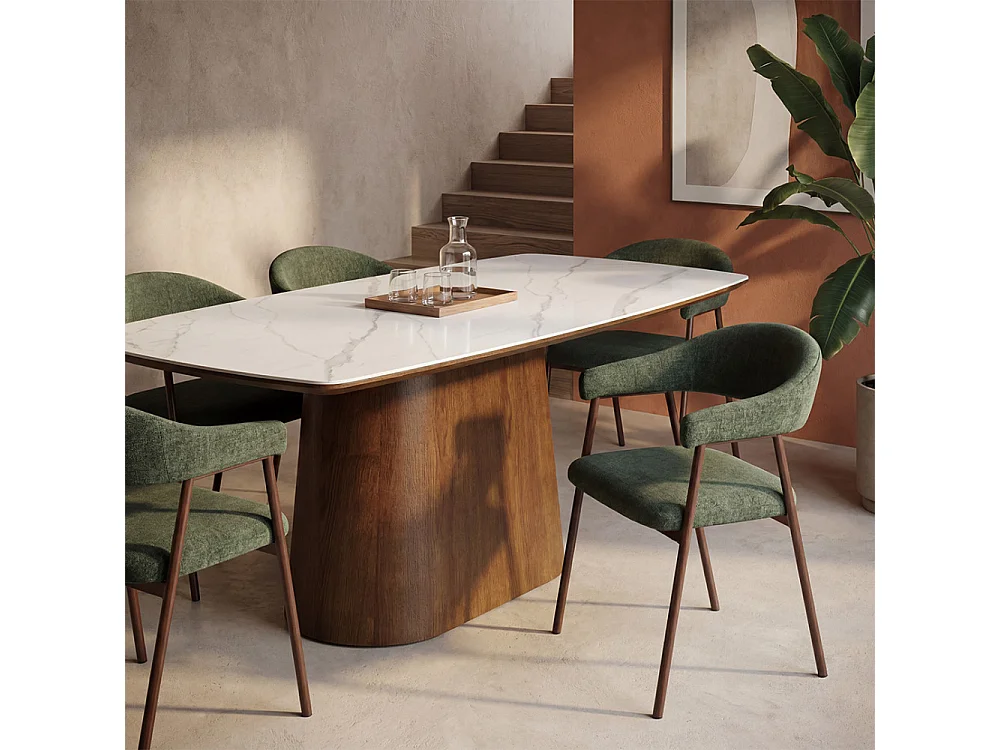 Leon - Lot de 2 fauteuils de table en tissu piètement effet bois foncé - Vert foncé