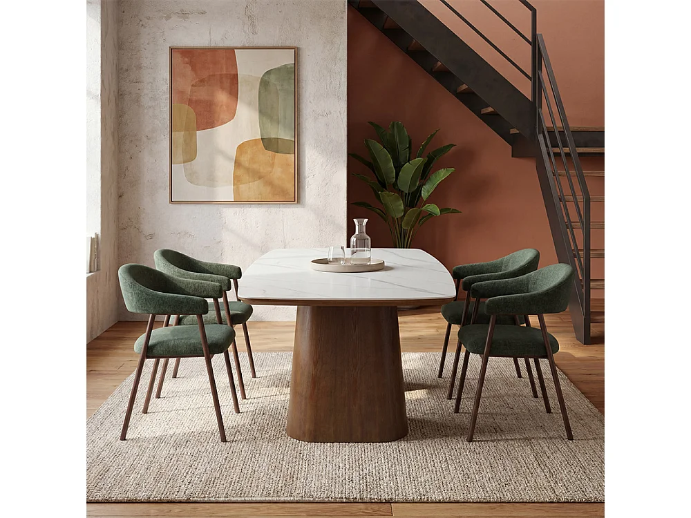 Leon - Lot de 2 fauteuils de table en tissu piètement effet bois foncé - Vert foncé