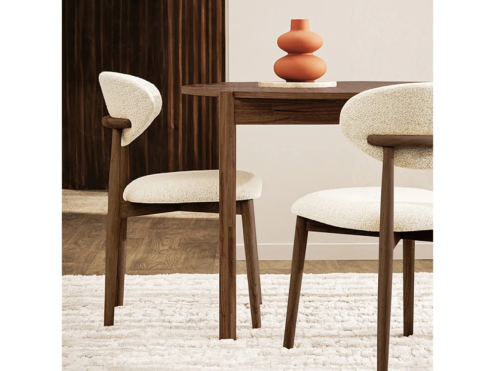 Clara - Lot de 2 chaises en tissu bouclette pieds bois foncé - Beige