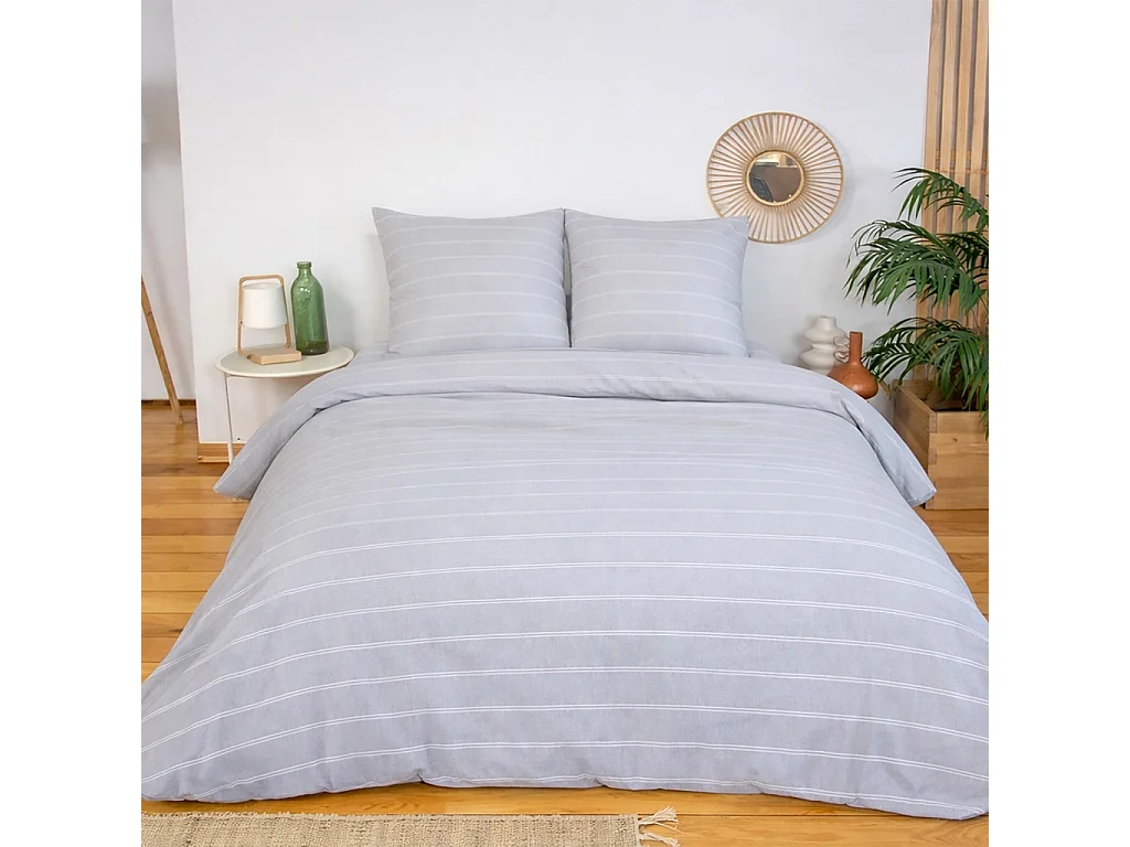 Parure de lit microfibre lavée rayures gris 260x240cm - Tim