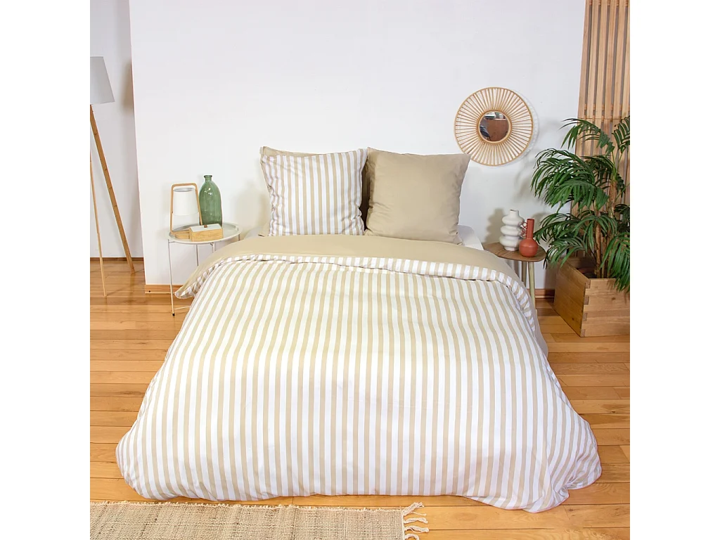 Parure de lit microfibre réversible rayures beige 240x220cm - Néo