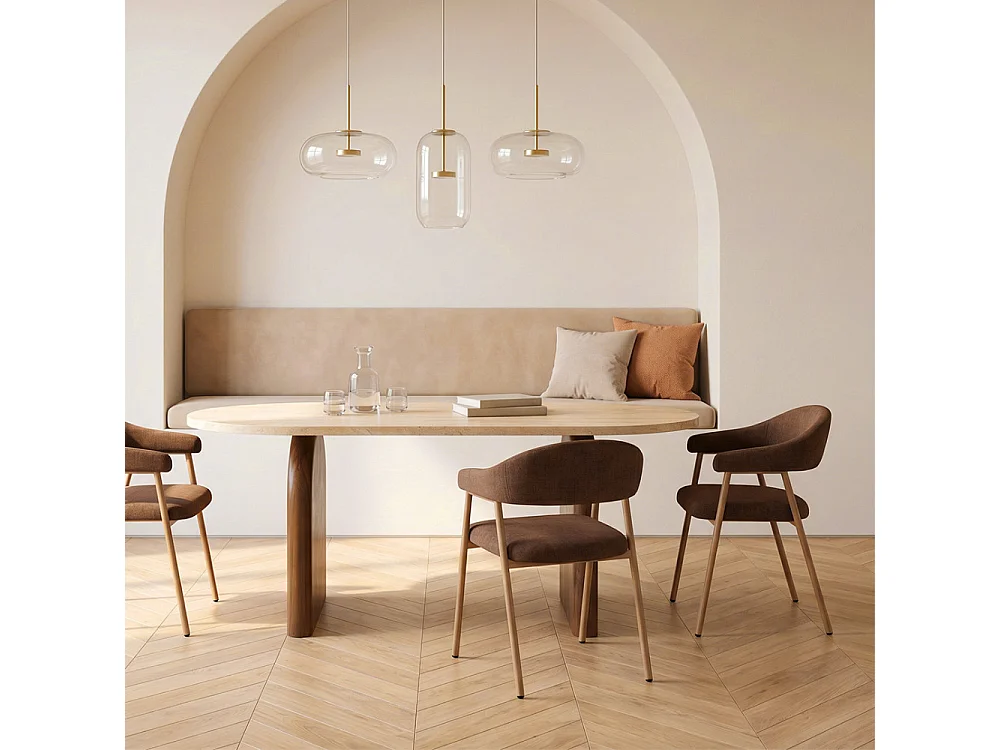 Lipali - Table à manger 6 personnes effet travertin et bois - Beige