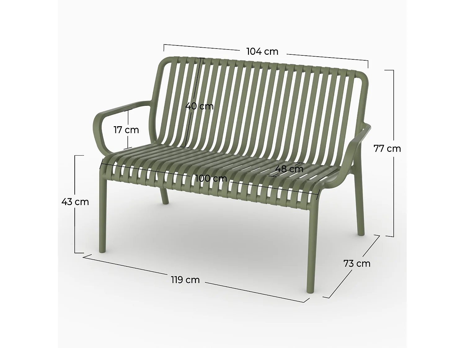 Panchina da giardino in plastica verde kaki per 2 persone - Ivy