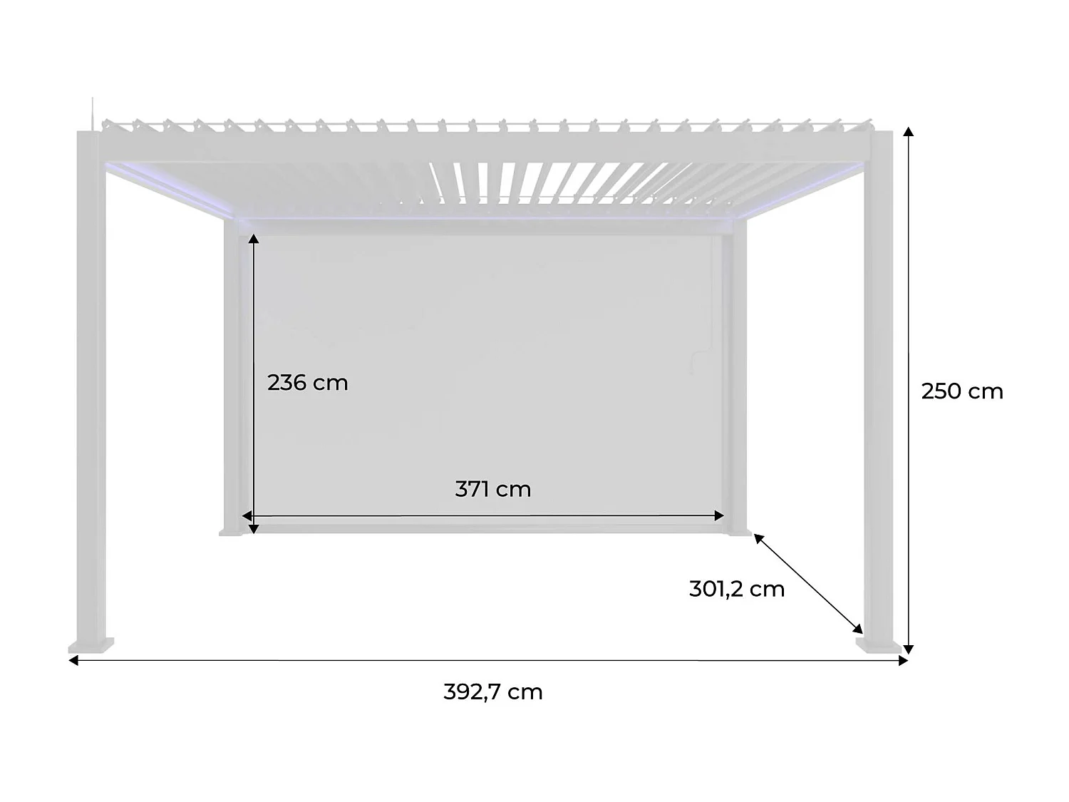 Pergola bioclimatique électrique 4x3m. aluminium. à lames orientables avec éclairage LED + store 4m