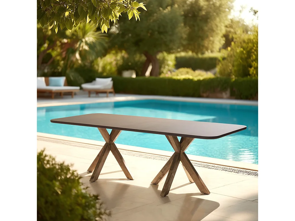 NESTOR - Table à manger 240x100cm effet béton marron pieds en bois d'acacia