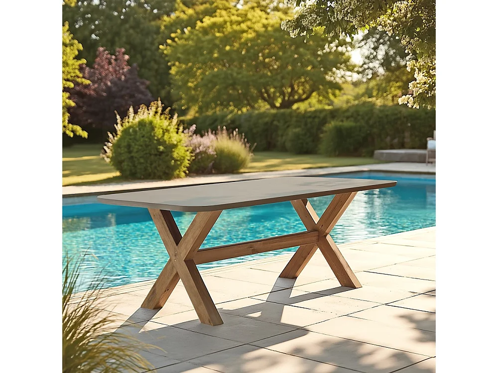 NESTOR - Table à manger 200x100cm effet béton marron pied en bois d'acacia