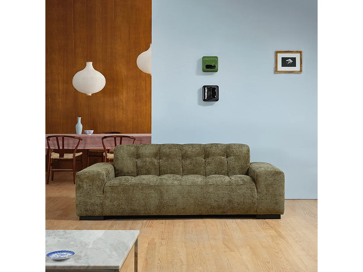 Canapé droit 3 places en velours tressé kaki