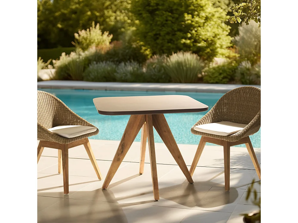 NESTOR - Table à manger carrée 90x90cm effet béton marron pied bois d'acacia