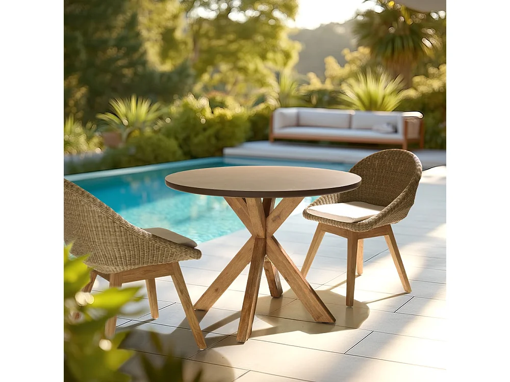 NESTOR - Table à manger ronde effet béton marron pied en bois d'acacia D100cm