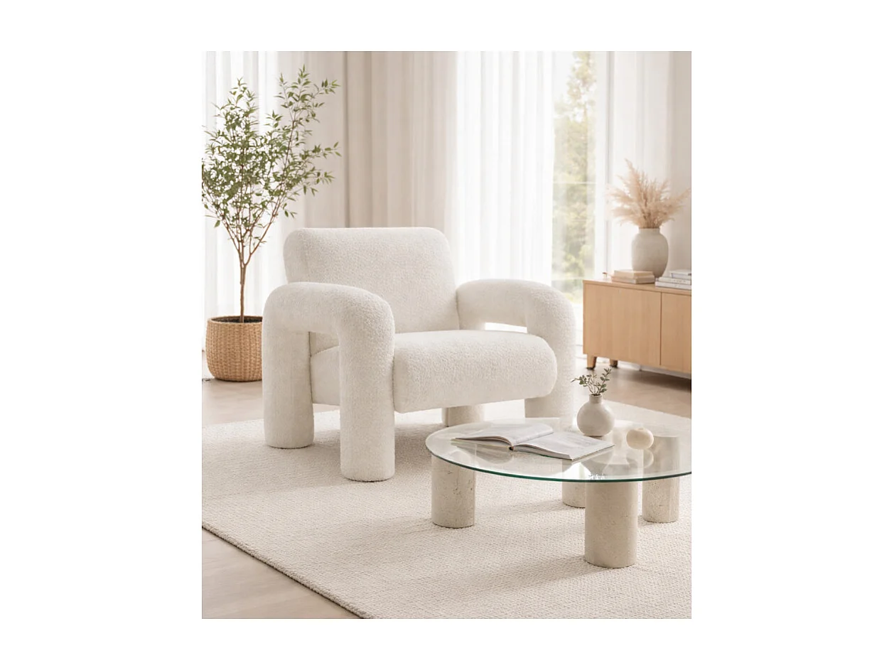 Fauteuil minimaliste tissu bouclette écru accoudoirs arche - ARCHIE