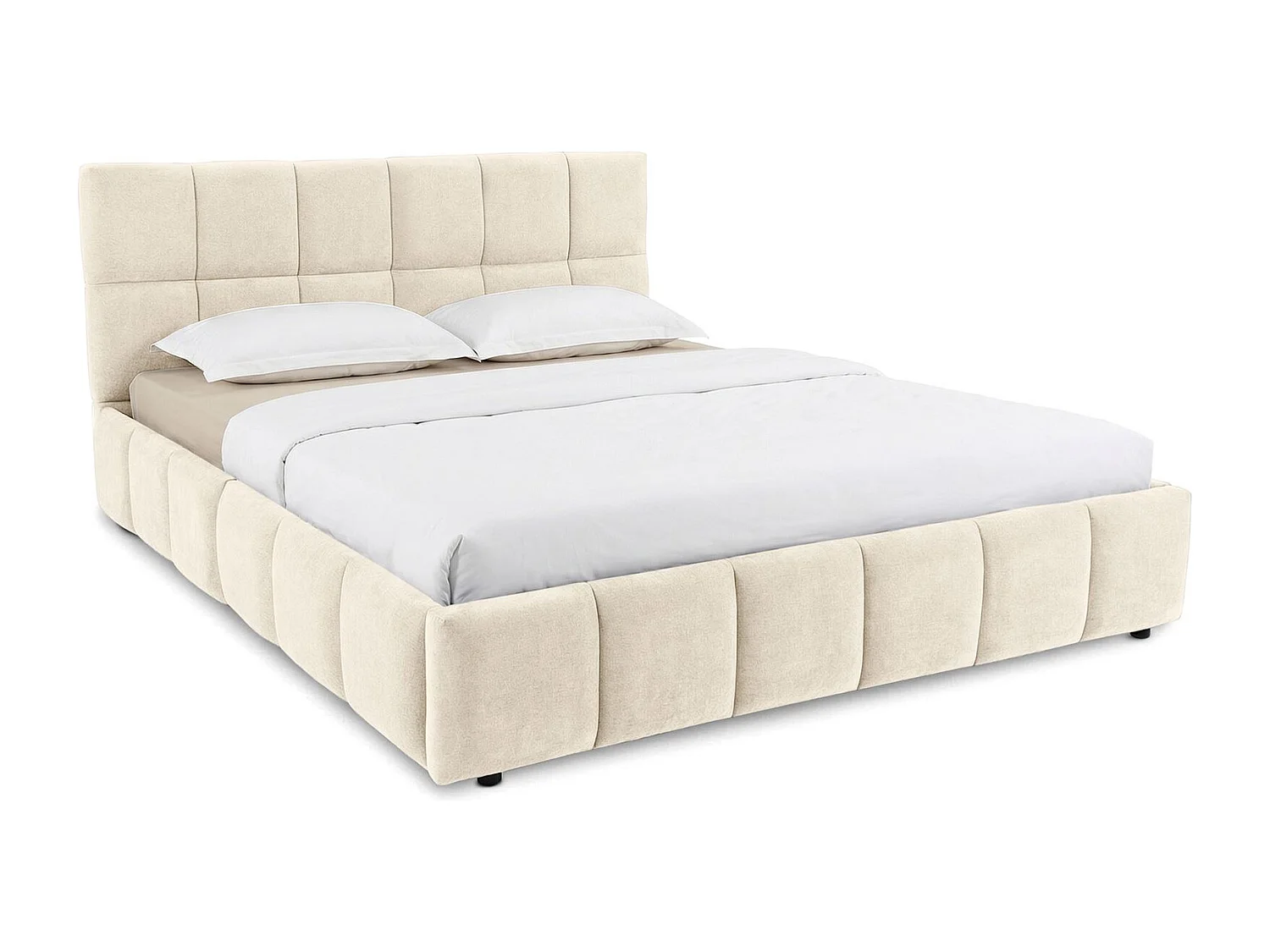 Lit Double EMILIA, Rembourré 160 x 200 cm Queen Size, Blanc Crème, avec Sommier à Lattes Inclus, Design Bubble