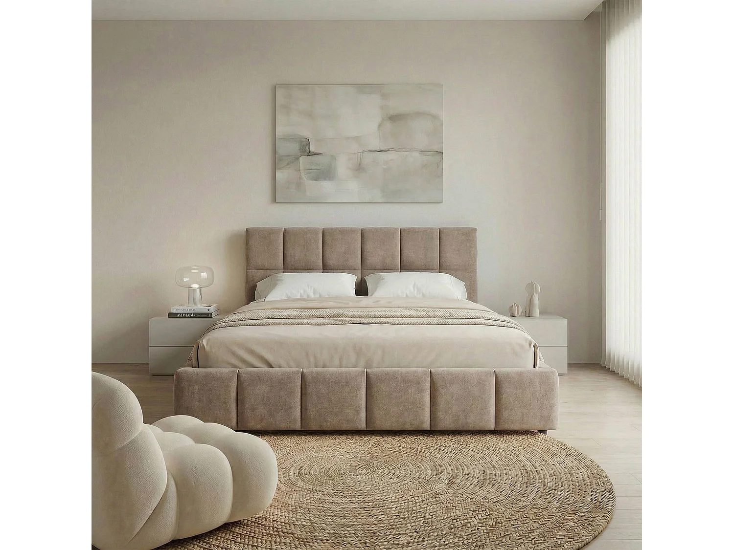 Lit Double EMILIA, Rembourré 160 x 200 cm Queen Size, Brun, avec Sommier à Lattes Inclus, Design Bubble, Tête de Lit Capitonnée