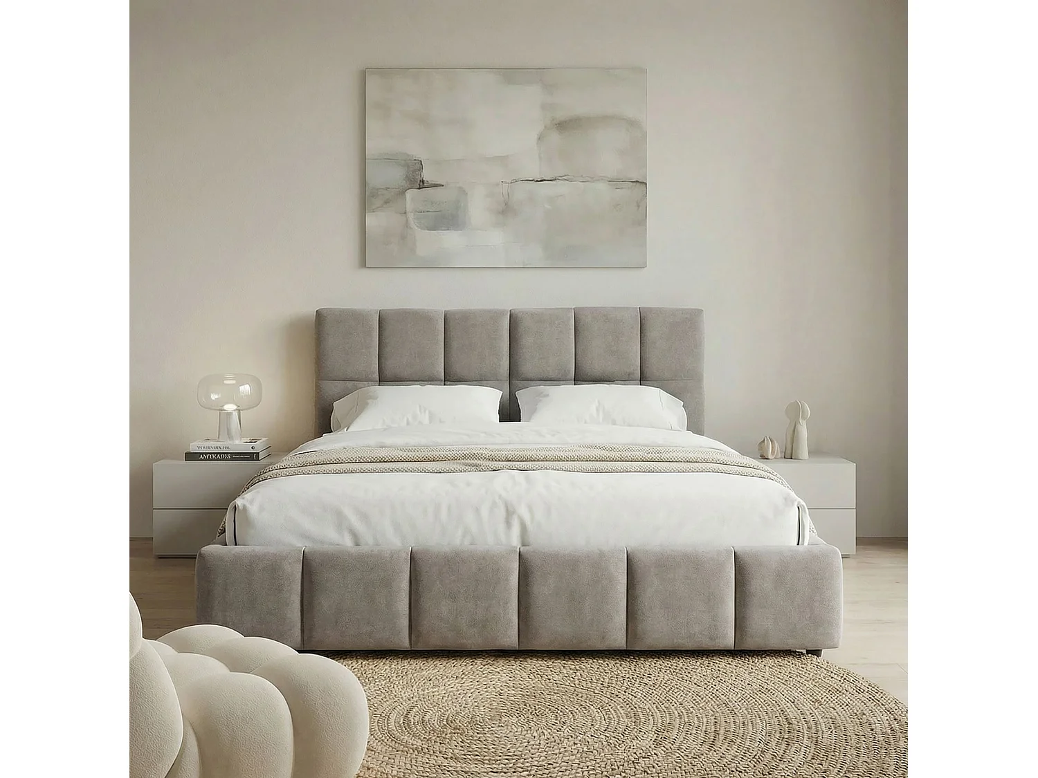 Lit Double EMILIA, Rembourré 160 x 200 cm Queen Size, Gris, avec Sommier à Lattes Inclus, Design Bubble, Tête de Lit Capitonnée