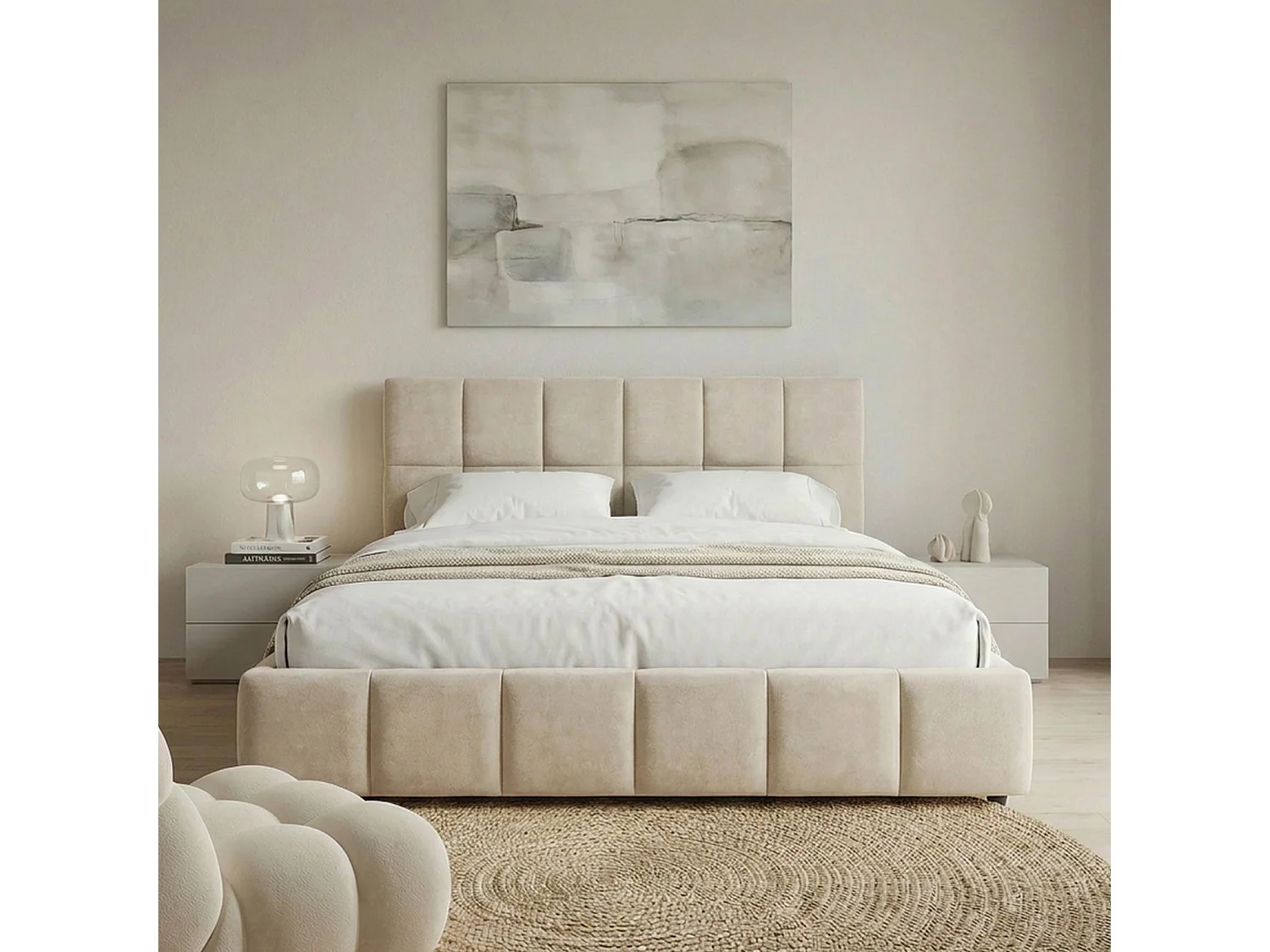 Lit Double EMILIA, Rembourré 140 x 190 cm, Blanc Crème, avec Sommier à Lattes Inclus, Design Bubble, Tête de Lit Capitonnée, Confort