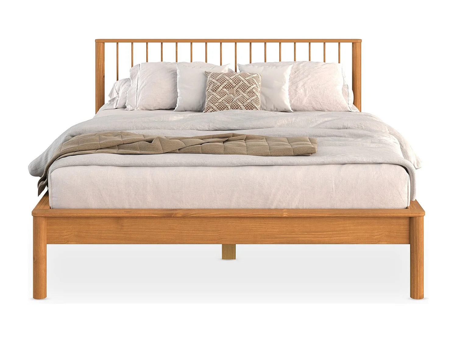 Lit 180 x 200 avec sommier APOANA en bois massif coloris chêne, cadre robuste avec tête de lit à barreaux, lit adulte double